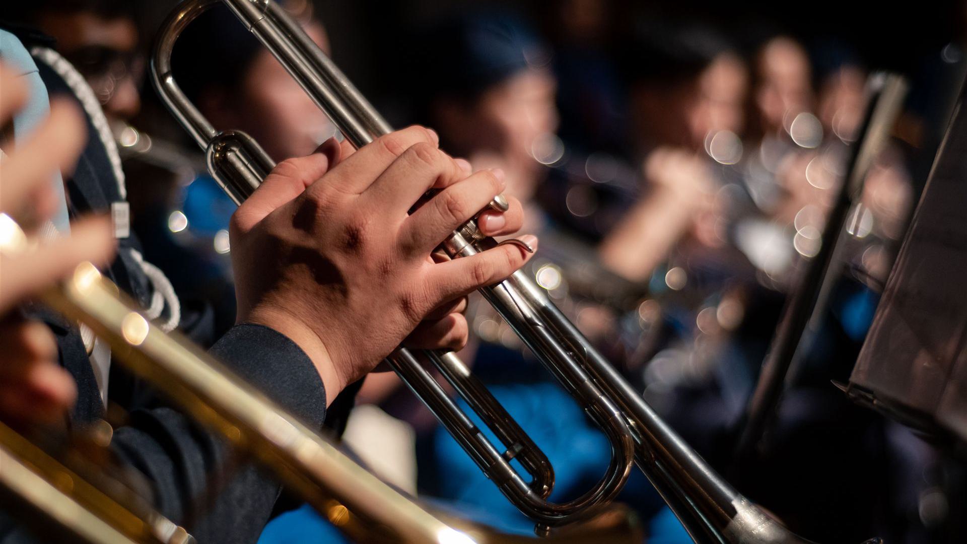 Detailliertes Bild von Musikern mit Trompeten während einer Aufführung, das musikalisches Handwerk hervorhebt.